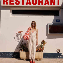 Laden Sie das Bild in den Galerie-Viewer, Gestreifter Baumwoll Shopper Tomato &amp; Candy Pink – Damen Strandtasche aus Canvas